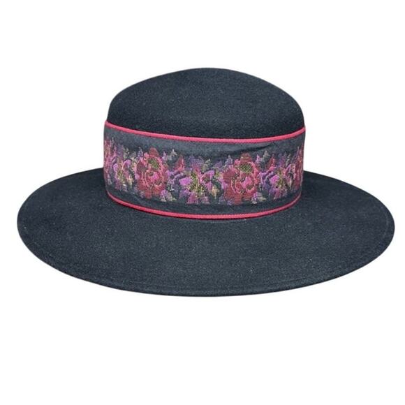 Vintage Made in the U.S.A. Bollman Company 100% Wool Black Floral Pork Pie Hat - Picture 1 of 7